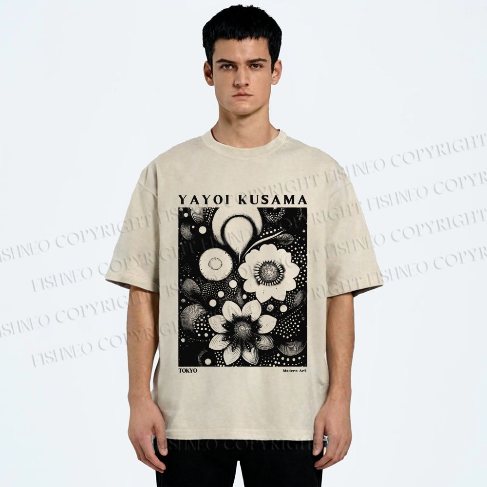 Unisex Yayoi Kusama Black Flowers Printed Washed Tee