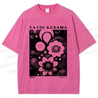 Unisex Yayoi Kusama Black Flowers Printed Washed Tee