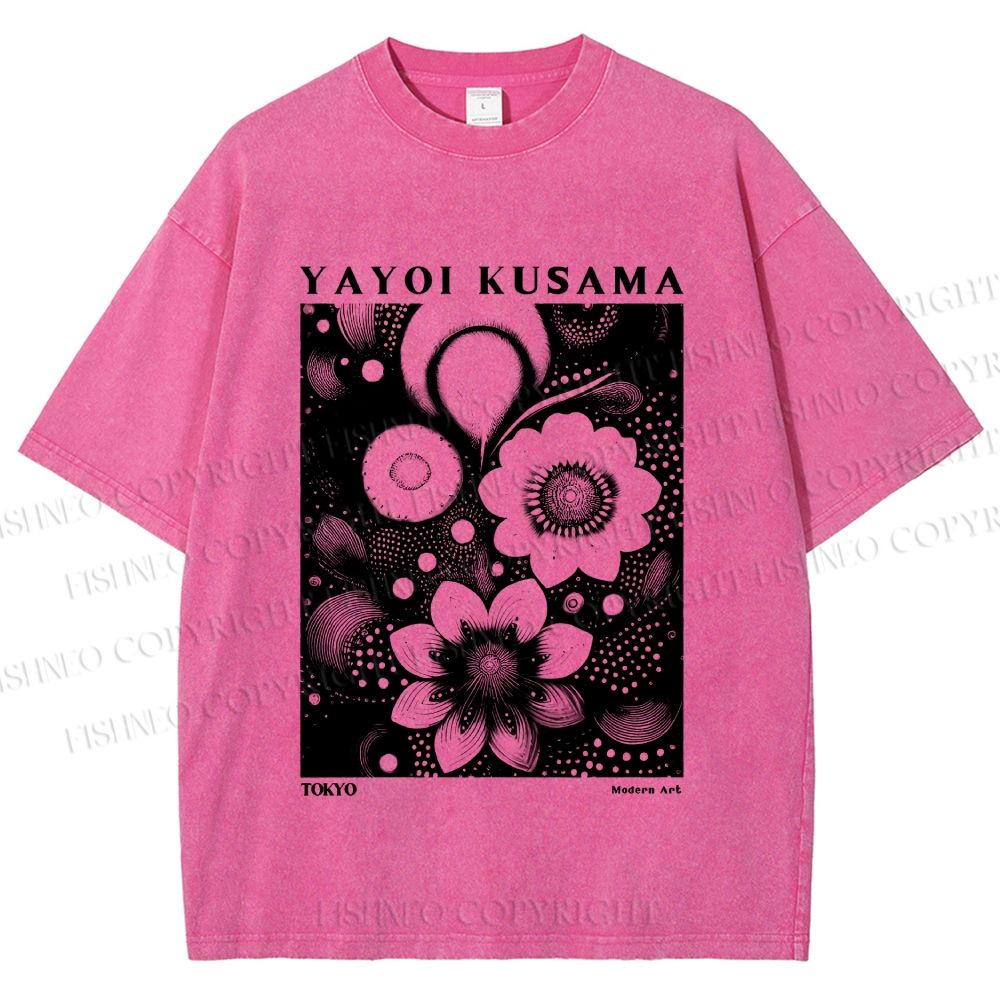 Unisex Yayoi Kusama Black Flowers Printed Washed Tee