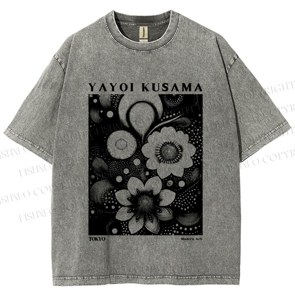 Unisex Yayoi Kusama Black Flowers Printed Washed Tee