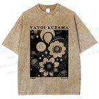 Unisex Yayoi Kusama Black Flowers Printed Washed Tee