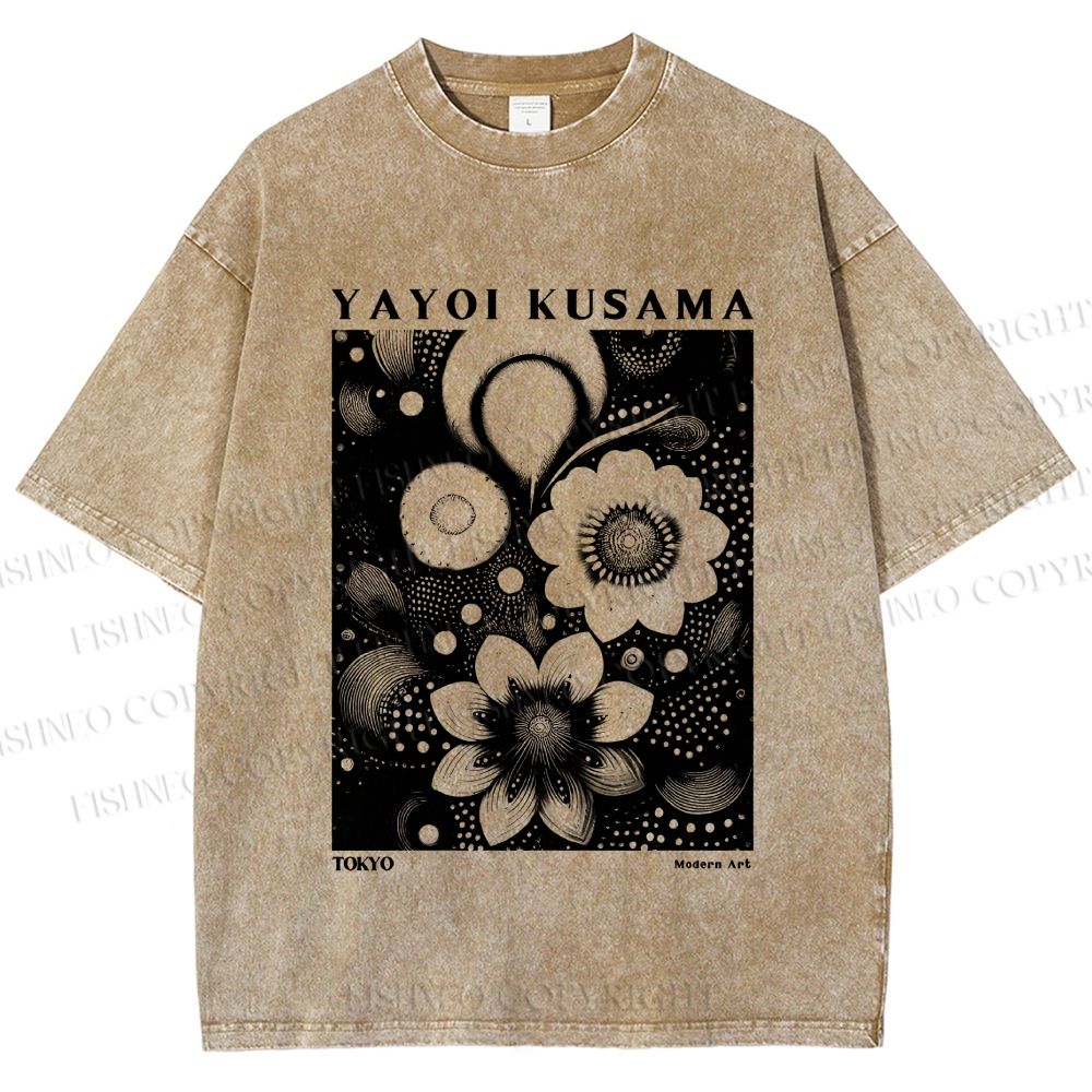 Unisex Yayoi Kusama Black Flowers Printed Washed Tee