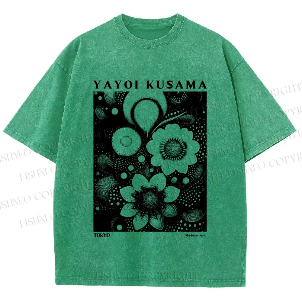 Unisex Yayoi Kusama Black Flowers Printed Washed Tee
