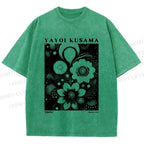 Unisex Yayoi Kusama Black Flowers Printed Washed Tee