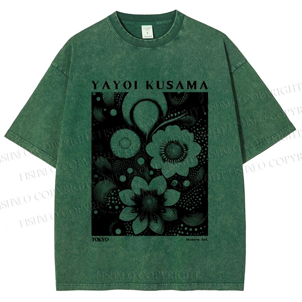 Unisex Yayoi Kusama Black Flowers Printed Washed Tee