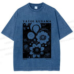Unisex Yayoi Kusama Black Flowers Printed Washed Tee