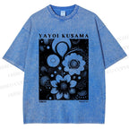 Unisex Yayoi Kusama Black Flowers Printed Washed Tee
