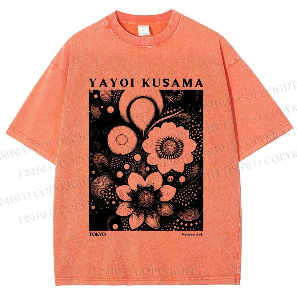Unisex Yayoi Kusama Black Flowers Printed Washed Tee