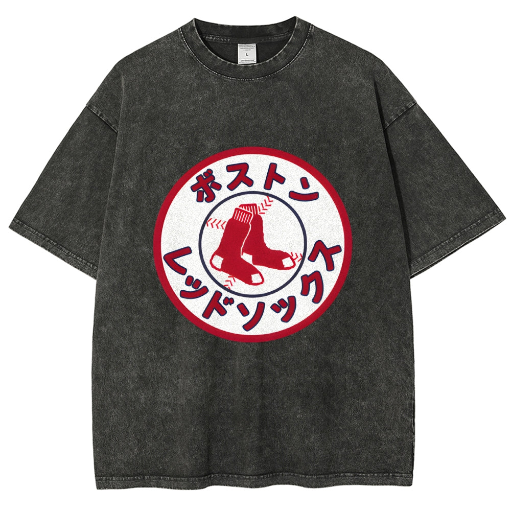 Boston Red Socks Baseball Vintage Wash Japanese Design T-Shirt