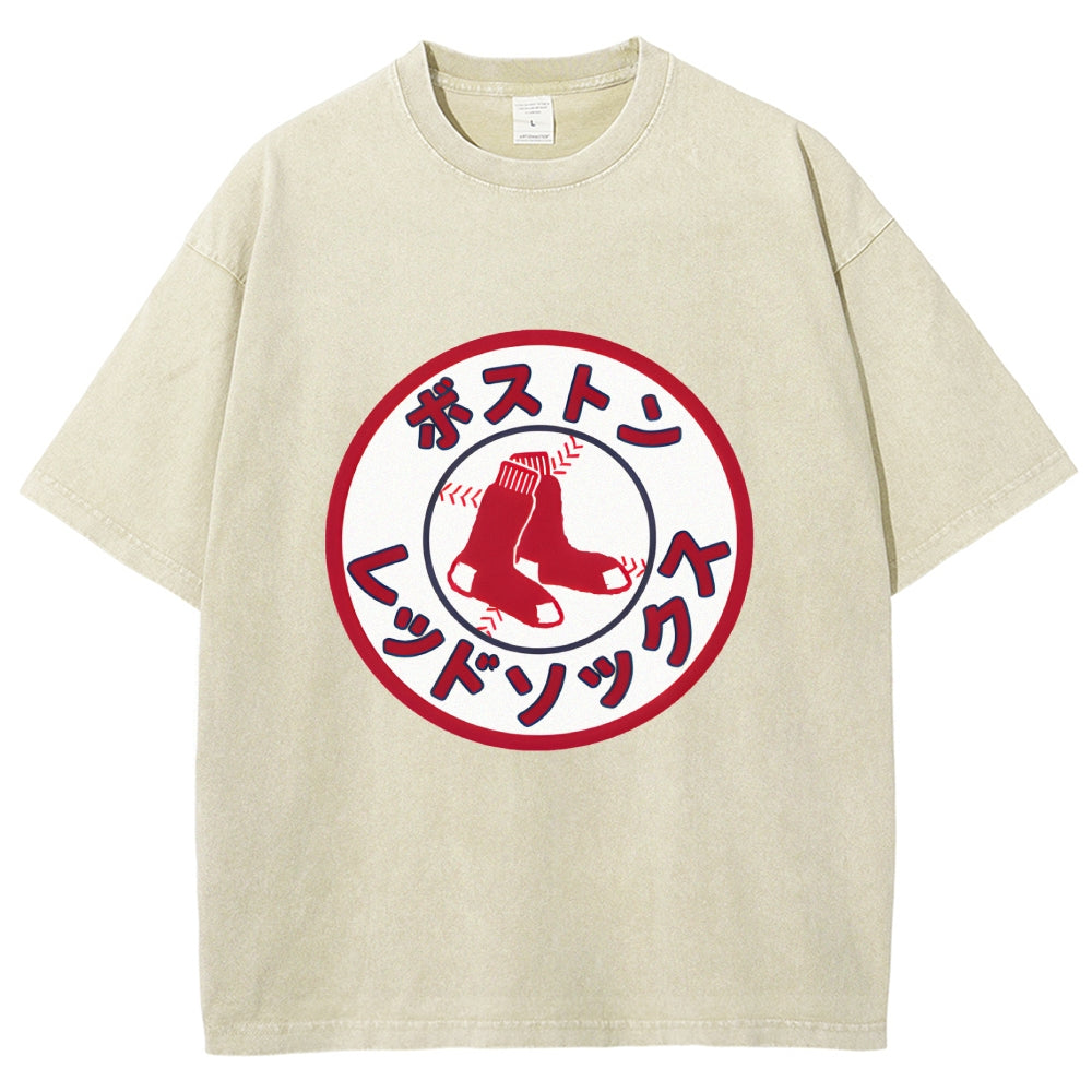 Boston Red Socks Baseball Vintage Wash Japanese Design T-Shirt