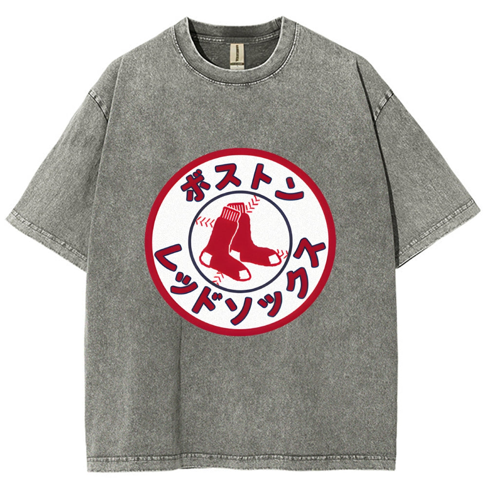 Boston Red Socks Baseball Vintage Wash Japanese Design T-Shirt