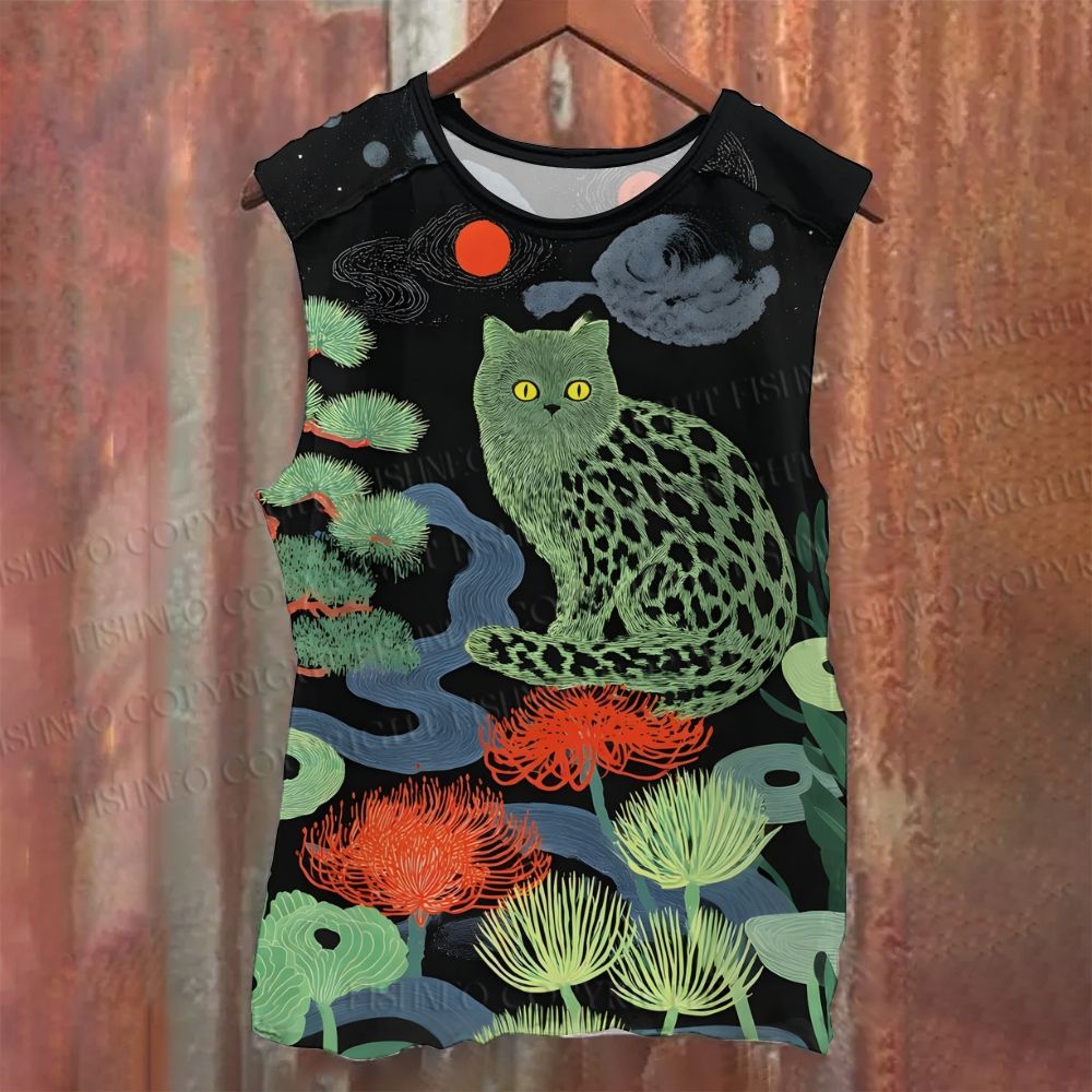 Unisex Casual Green Cat In Forest Printed Tank Top