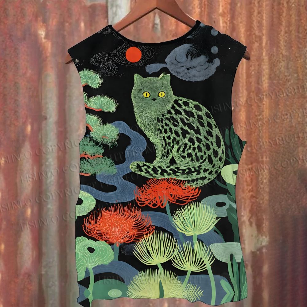 Unisex Casual Green Cat In Forest Printed Tank Top