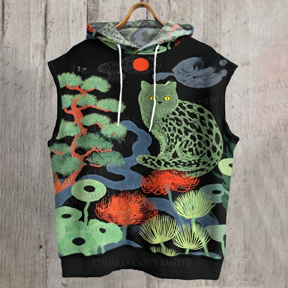 Unisex Green Cat In Forest Printed Sleeveless Hoodie