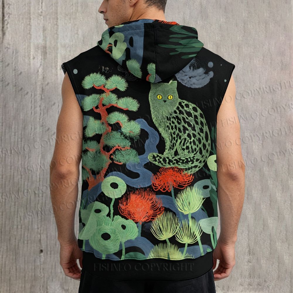 Unisex Green Cat In Forest Printed Sleeveless Hoodie
