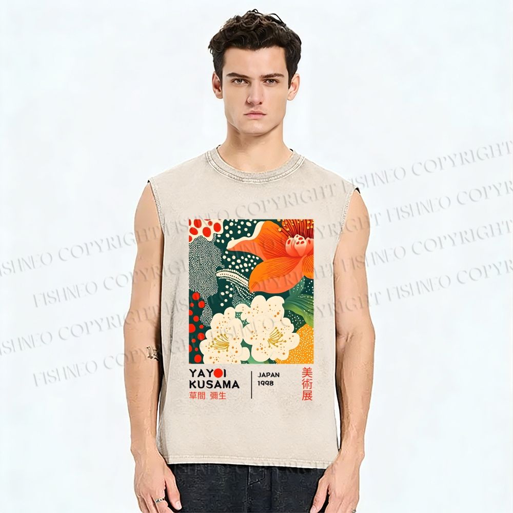 Unisex Yayoi Kusama Flower Printed Washed Tank Top