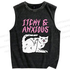 Unisex Itchy And Anxious Cat Printed Washed Tank Top