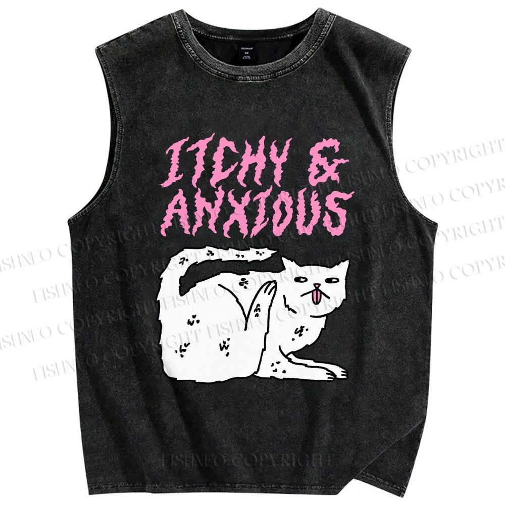 Unisex Itchy And Anxious Cat Printed Washed Tank Top