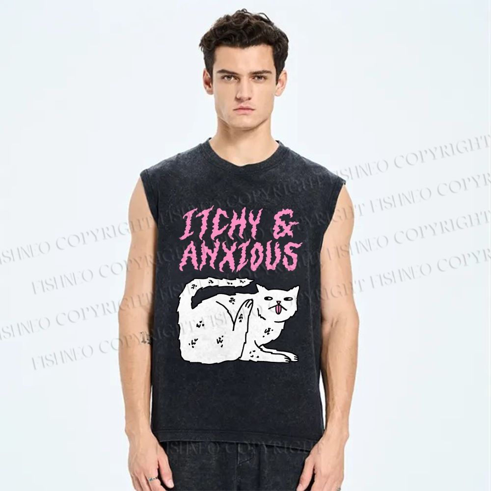 Unisex Itchy And Anxious Cat Printed Washed Tank Top