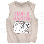 Unisex Itchy And Anxious Cat Printed Washed Tank Top