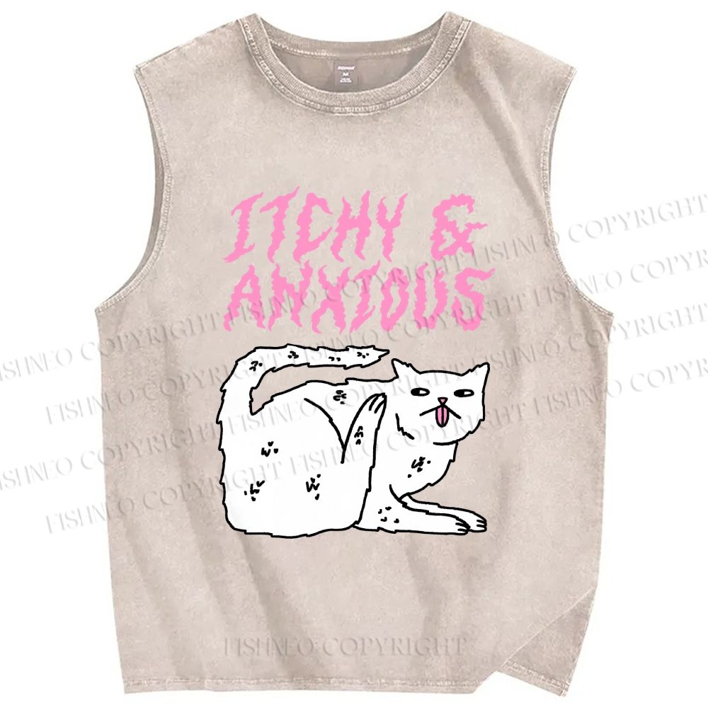 Unisex Itchy And Anxious Cat Printed Washed Tank Top