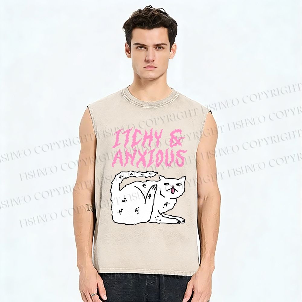 Unisex Itchy And Anxious Cat Printed Washed Tank Top