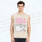 Unisex Itchy And Anxious Cat Printed Washed Tank Top