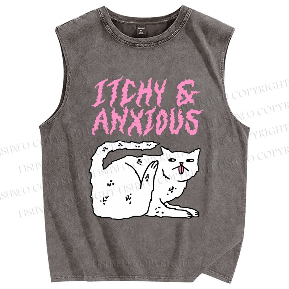 Unisex Itchy And Anxious Cat Printed Washed Tank Top