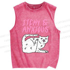 Unisex Itchy And Anxious Cat Printed Washed Tank Top