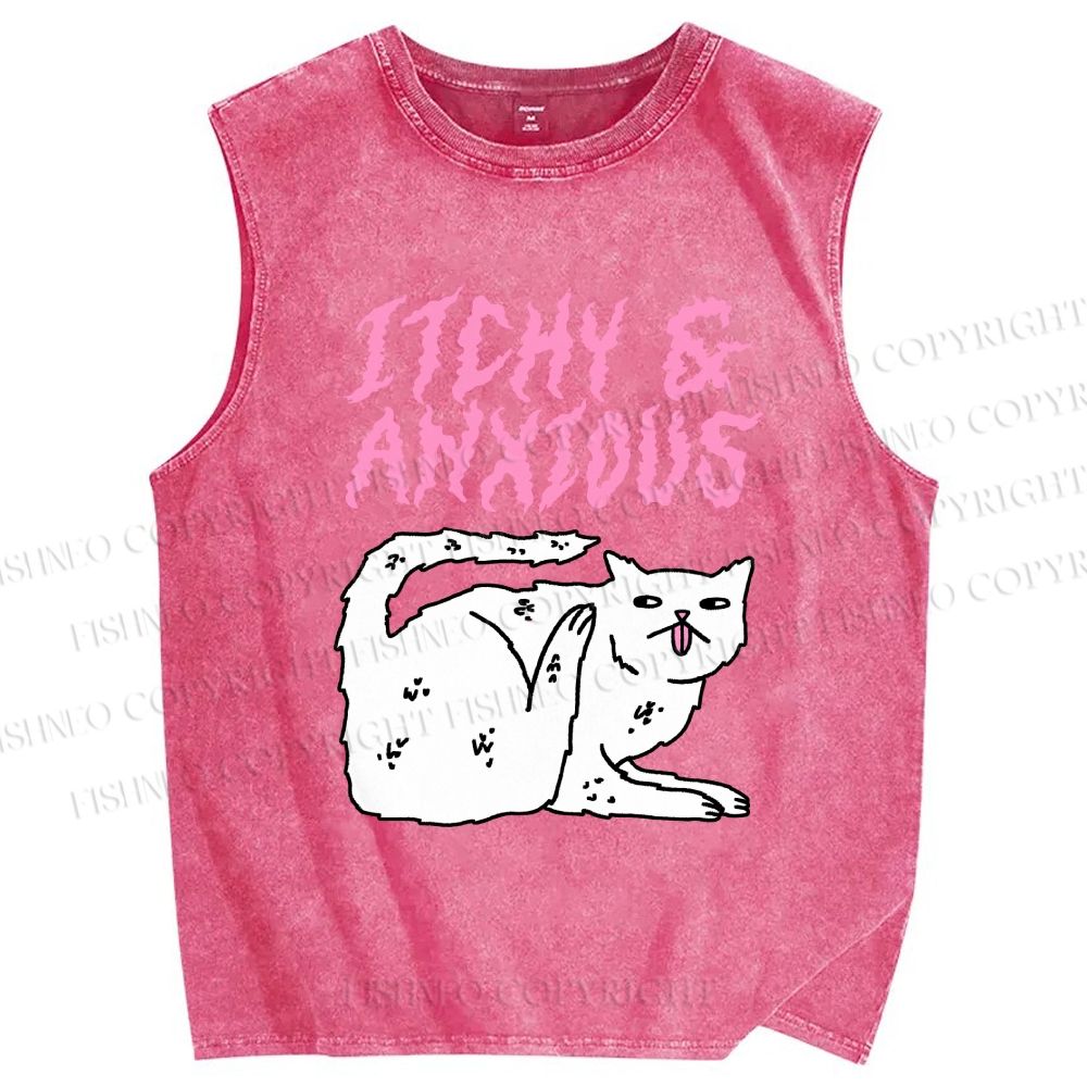 Unisex Itchy And Anxious Cat Printed Washed Tank Top