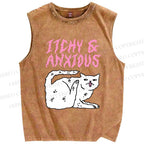Unisex Itchy And Anxious Cat Printed Washed Tank Top