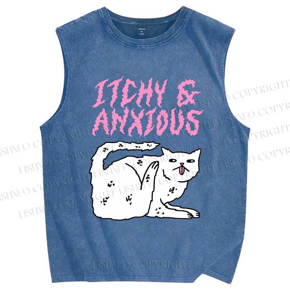 Unisex Itchy And Anxious Cat Printed Washed Tank Top