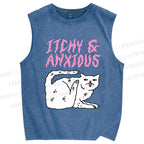 Unisex Itchy And Anxious Cat Printed Washed Tank Top