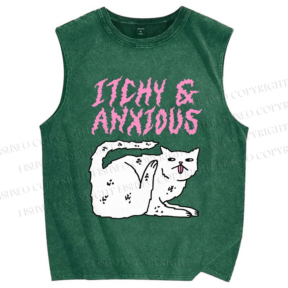 Unisex Itchy And Anxious Cat Printed Washed Tank Top