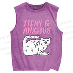Unisex Itchy And Anxious Cat Printed Washed Tank Top