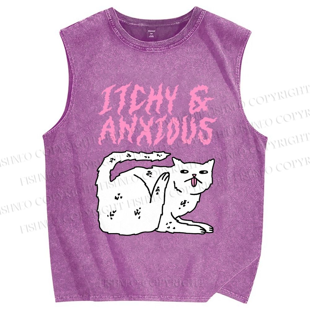 Unisex Itchy And Anxious Cat Printed Washed Tank Top