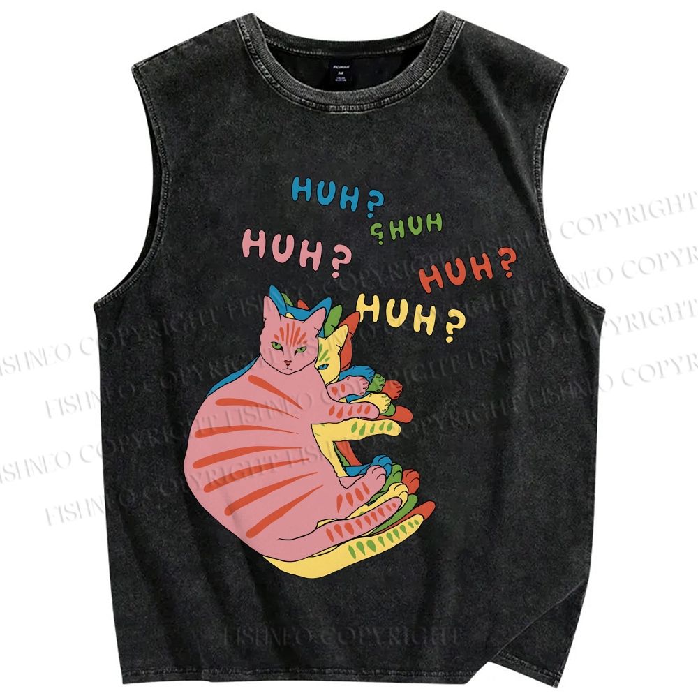 Unisex HUH? Cat Printed Washed Tank Top