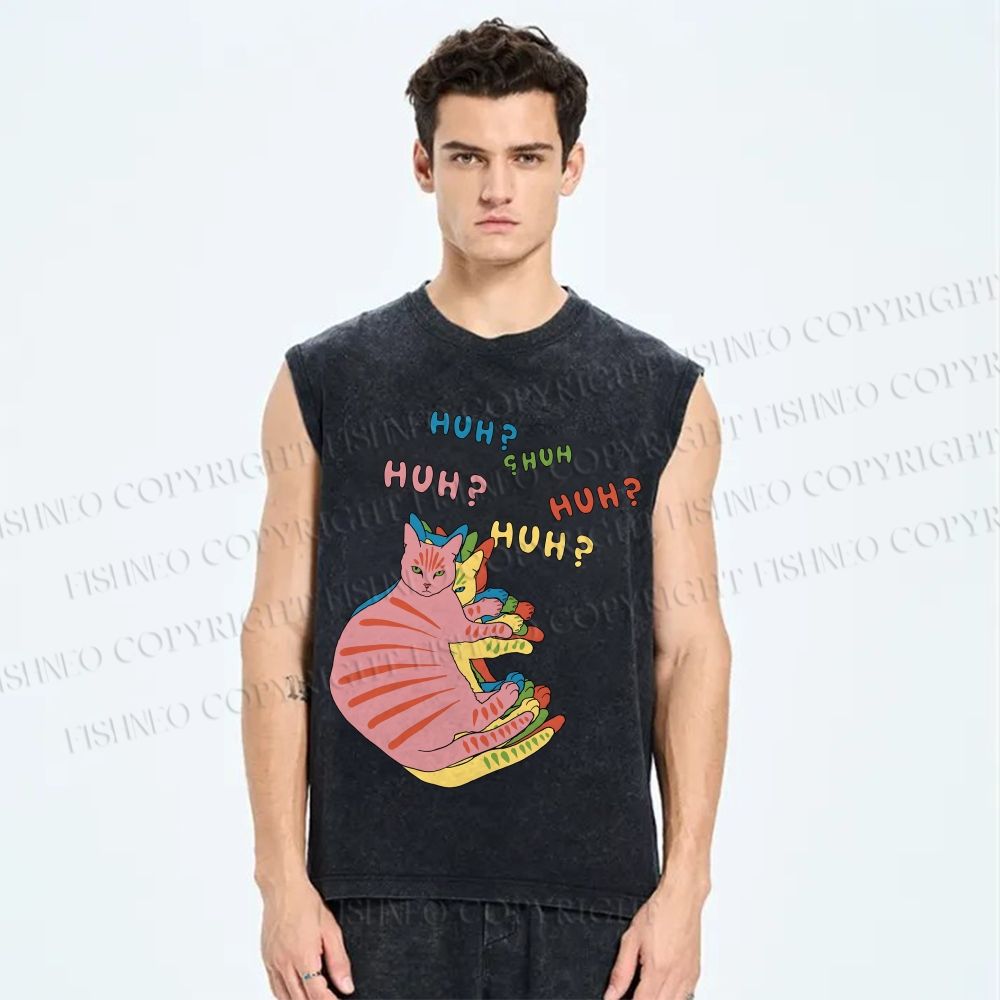 Unisex HUH? Cat Printed Washed Tank Top