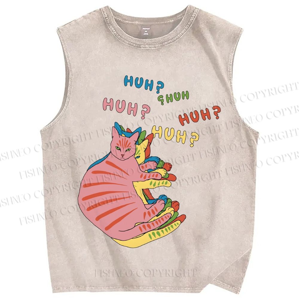 Unisex HUH? Cat Printed Washed Tank Top