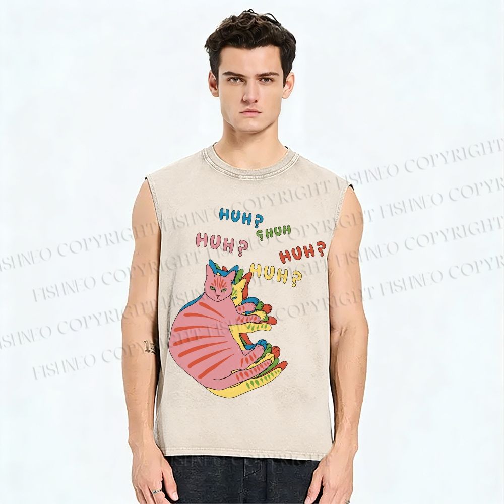 Unisex HUH? Cat Printed Washed Tank Top