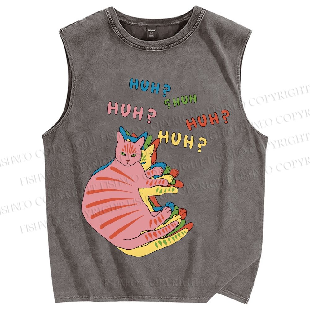 Unisex HUH? Cat Printed Washed Tank Top