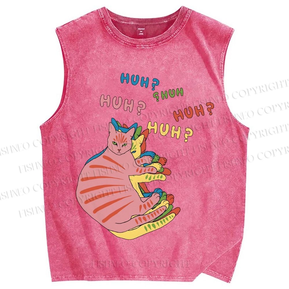Unisex HUH? Cat Printed Washed Tank Top