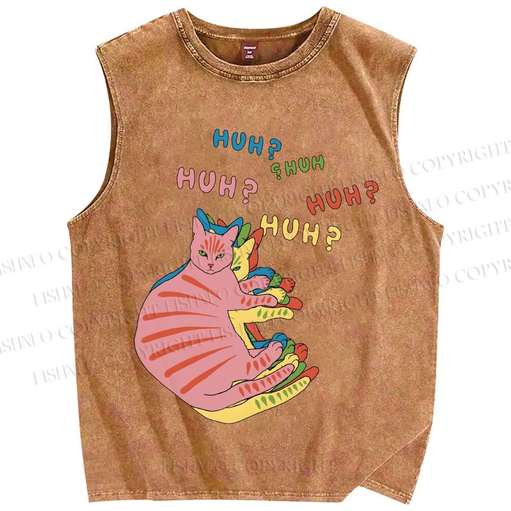 Unisex HUH? Cat Printed Washed Tank Top