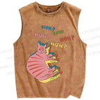 Unisex HUH? Cat Printed Washed Tank Top