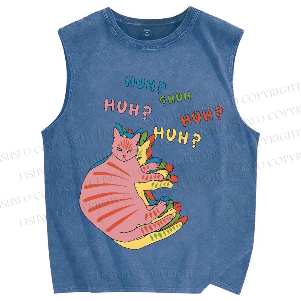Unisex HUH? Cat Printed Washed Tank Top