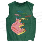 Unisex HUH? Cat Printed Washed Tank Top