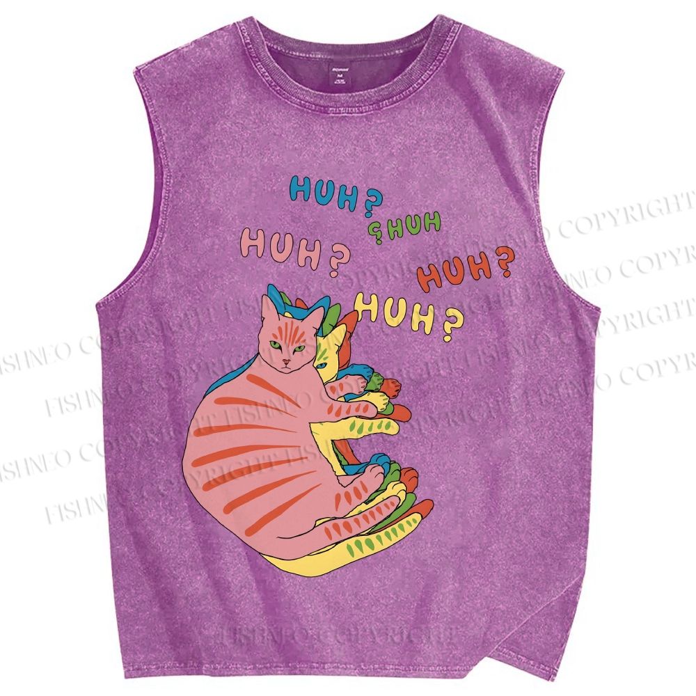 Unisex HUH? Cat Printed Washed Tank Top
