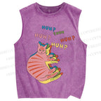 Unisex HUH? Cat Printed Washed Tank Top