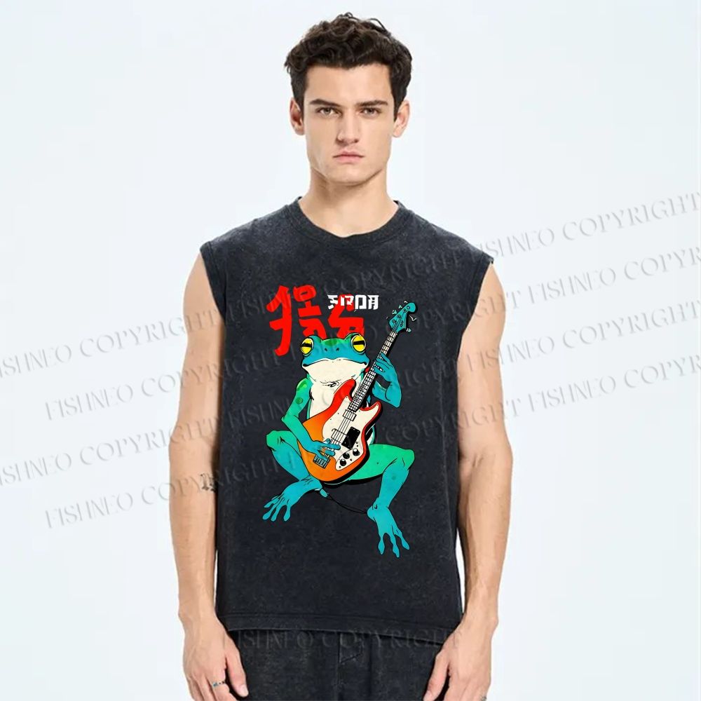 Unisex Rock Frog Printed Washed Tank Top