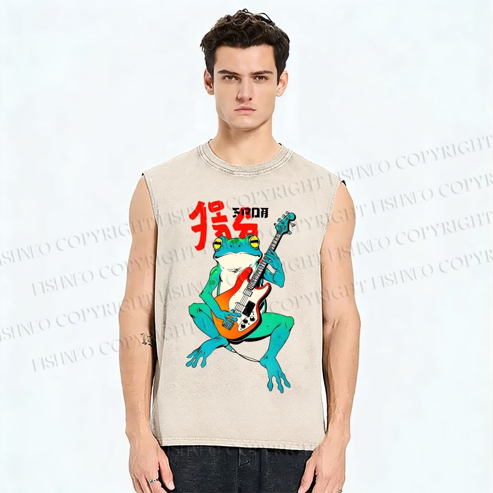 Unisex Rock Frog Printed Washed Tank Top